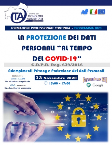 Evento Formativo - LA PROTEZIONE DEI DATI PERSONALI  "AL TEMPO DEL COVID-19"